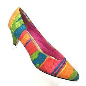Vintage Fabric Pump Womens 8.5 N Rainbow Multicolor Striped Heel 80s Crystal